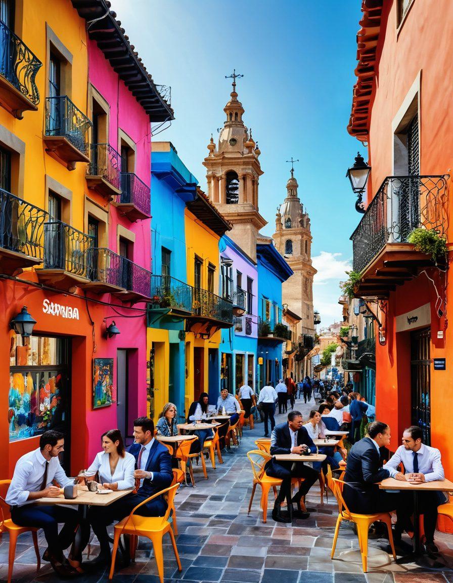 A scenic landscape of a modern Spanish city skyline, with diverse professionals in business attire networking and collaborating in outdoor cafes, surrounded by colorful street art and historical architecture. Include elements like job postings on digital screens and individuals engaged in skill development workshops. Bright, inviting colors that convey a sense of opportunity and growth. super-realistic. vibrant colors.