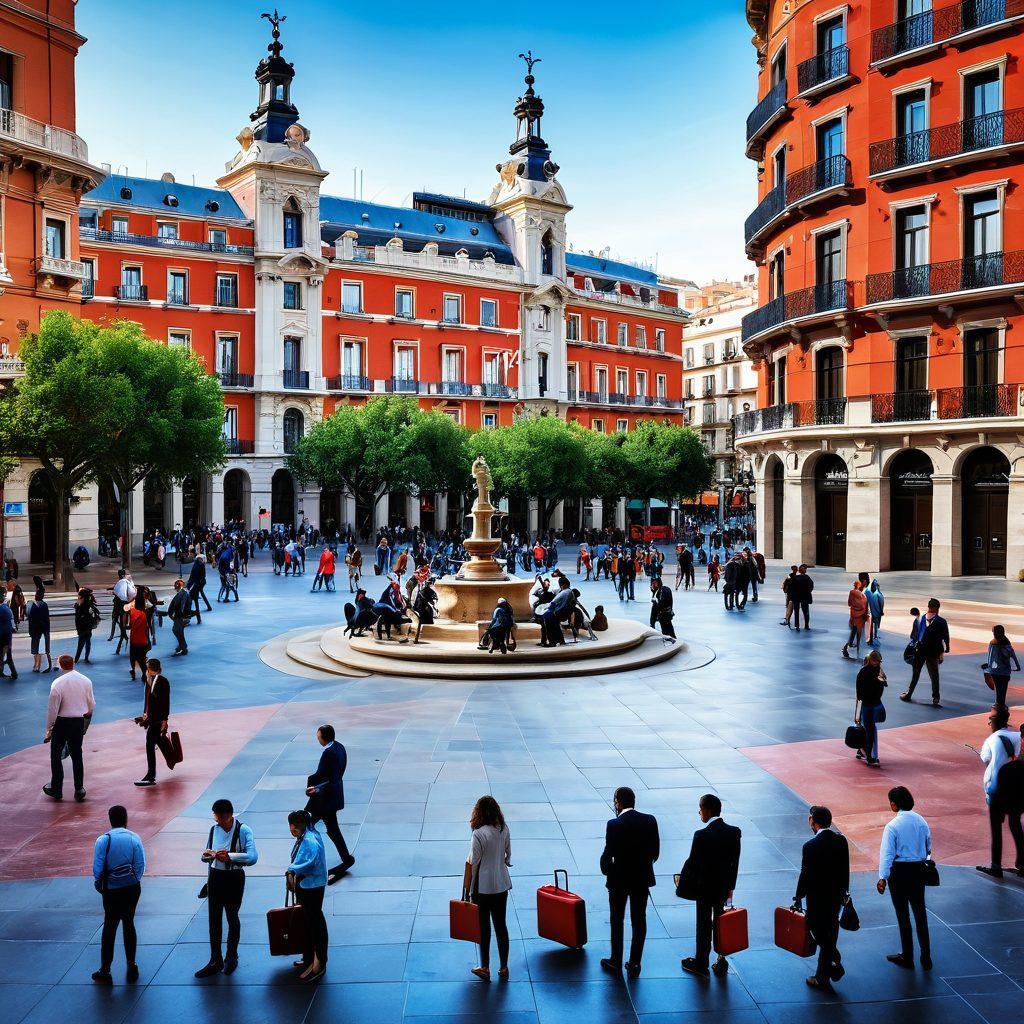 A vibrant cityscape of Madrid featuring diverse professionals interacting in a bustling plaza, with icons of job opportunities like magnifying glasses and briefcases integrated into the scene. Include elements representing talent acquisition such as resumes and networking symbols, all set against a backdrop of Spanish architecture. super-realistic. vibrant colors. dynamic composition.