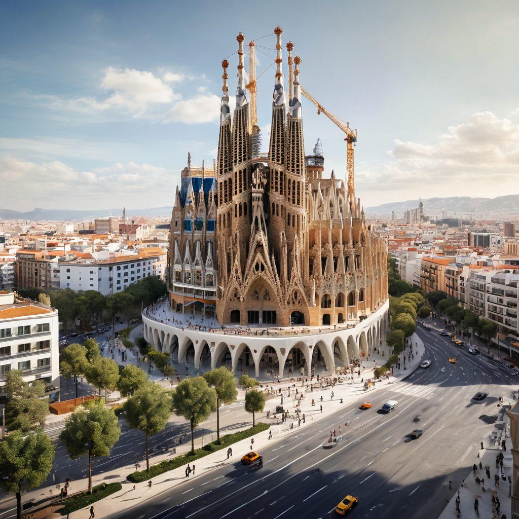 A serene Spanish landscape featuring a modern office building with a view of the iconic Sagrada Familia. In the foreground, diverse professionals engaged in collaborative discussions, emphasizing teamwork and talent acquisition. Include elements like recruiting tools such as resumes and laptops. The overall atmosphere is vibrant and welcoming, showcasing Spain's rich culture. super-realistic. vibrant colors. white background.